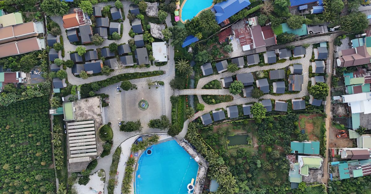 Aerial view of the resort pool above the lake